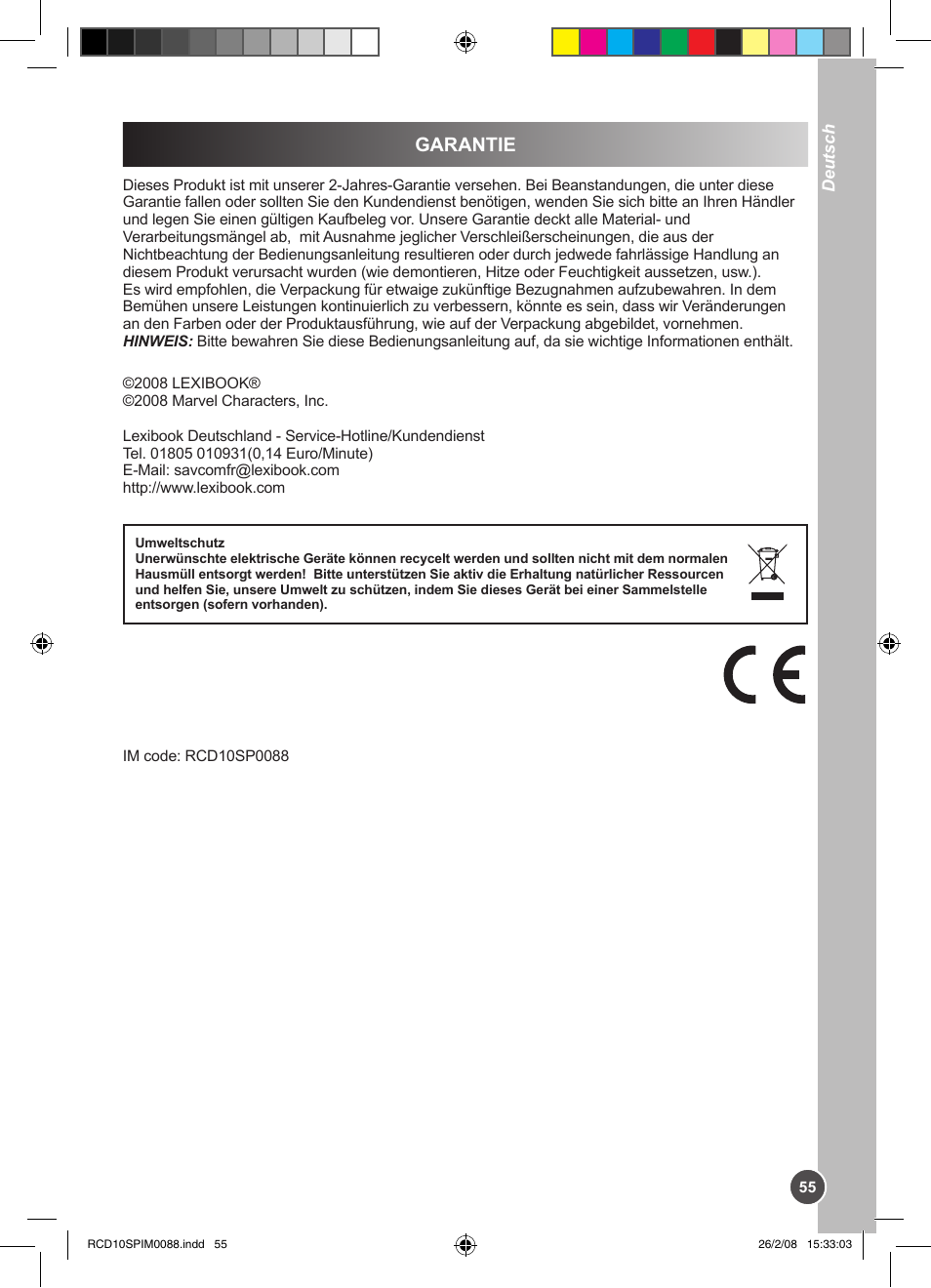 Garantie | Lexibook RCD10SP User Manual | Page 55 / 58