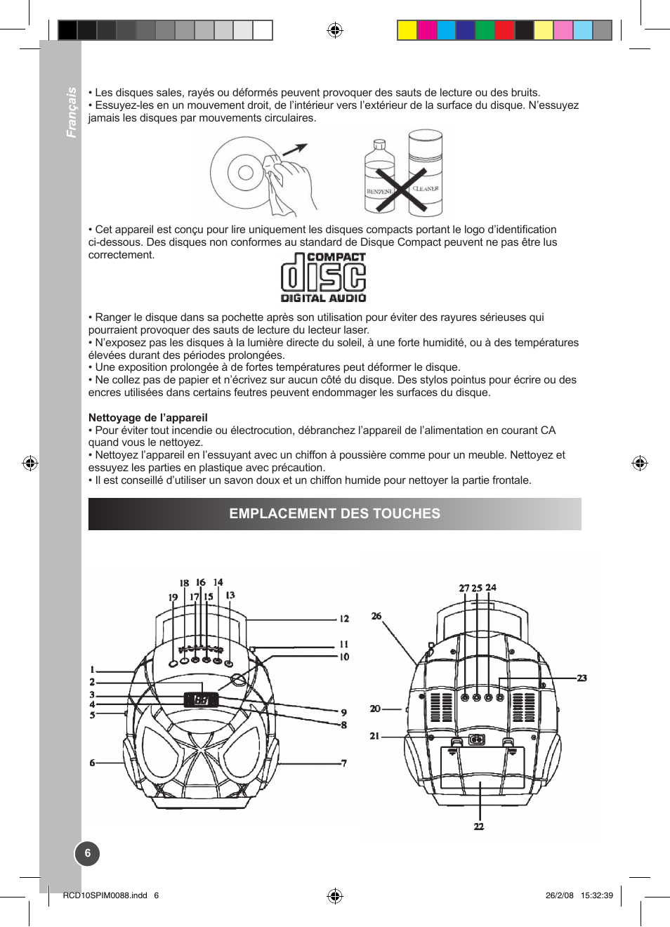 Emplacement des touches | Lexibook RCD10SP User Manual | Page 6 / 58