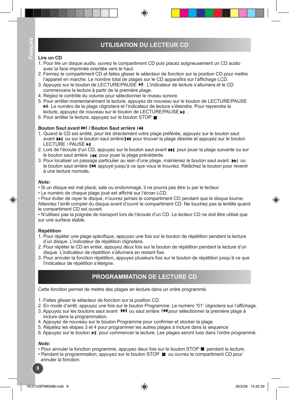 Utilisation du lecteur cd, Programmation de lecture cd | Lexibook RCD10SP User Manual | Page 8 / 58