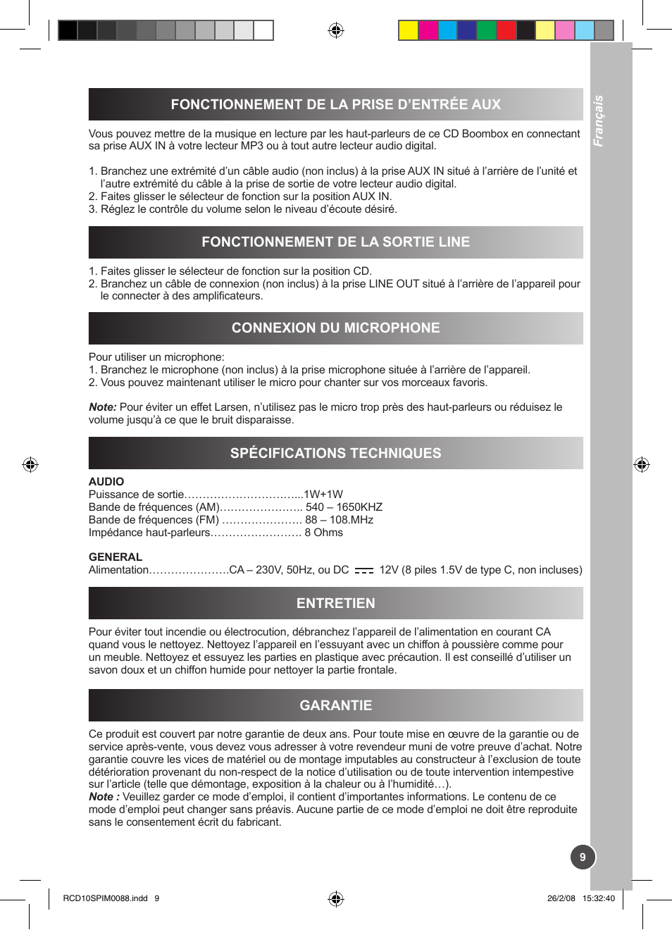 Fonctionnement de la prise d’entrée aux, Fonctionnement de la sortie line, Connexion du microphone | Spécifications techniques, Entretien, Garantie | Lexibook RCD10SP User Manual | Page 9 / 58