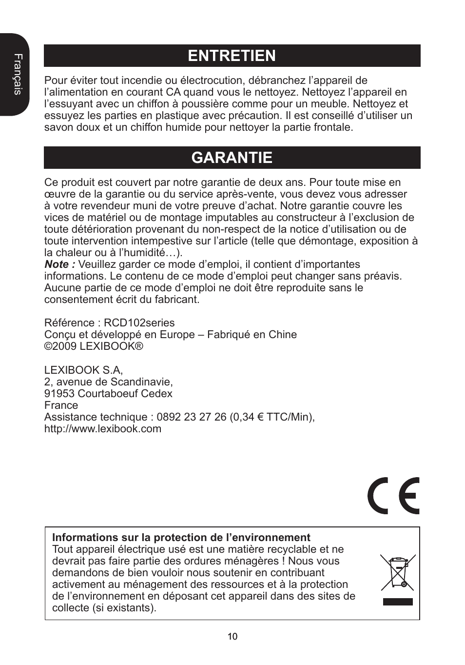 Entretien garantie | Lexibook RCD102TF User Manual | Page 10 / 60