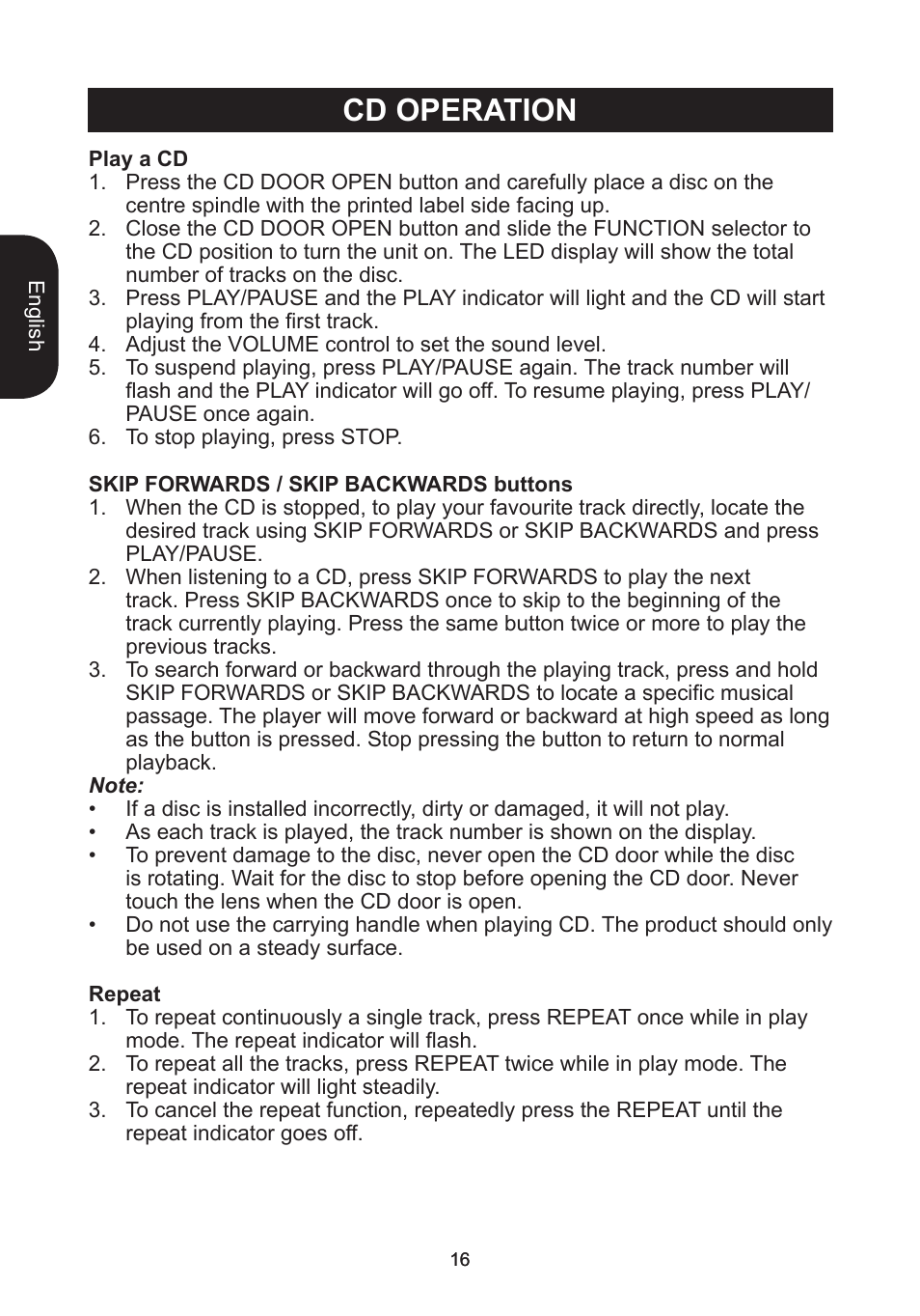 Cd operation | Lexibook RCD102TF User Manual | Page 16 / 60