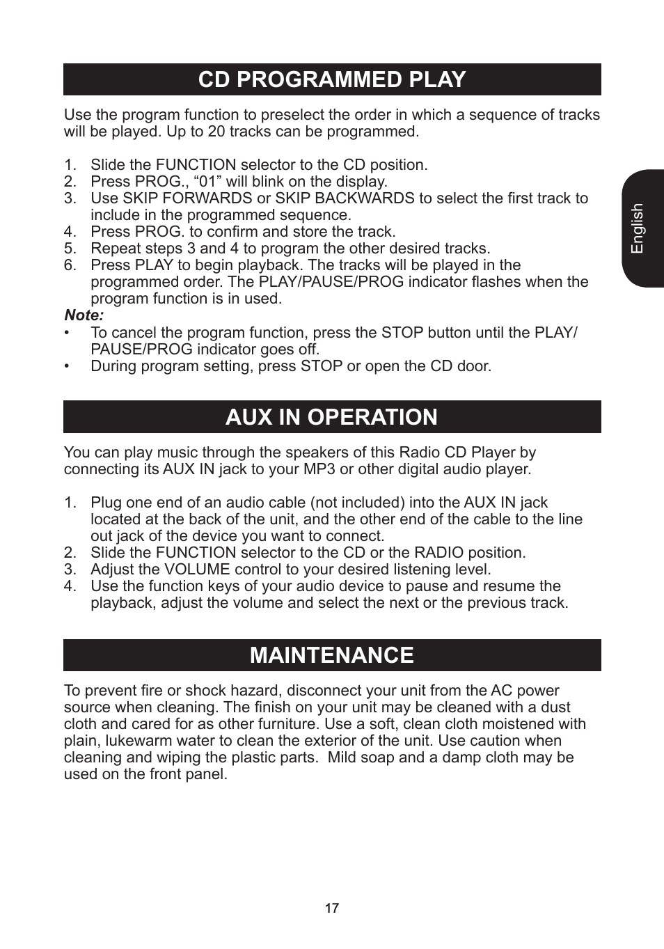 Cd programmed play aux in operation, Maintenance | Lexibook RCD102TF User Manual | Page 17 / 60