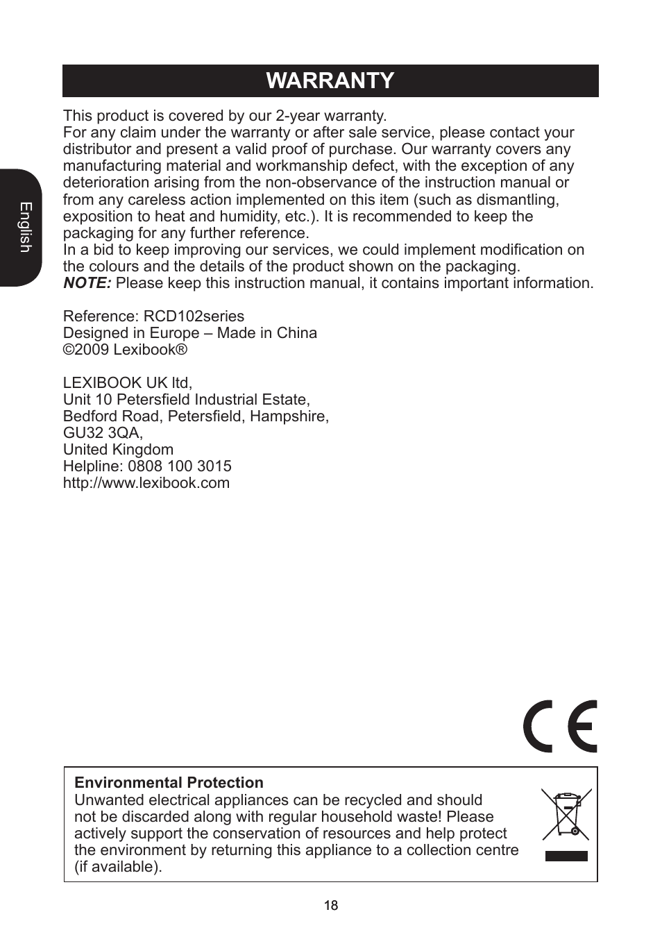 Warranty | Lexibook RCD102TF User Manual | Page 18 / 60