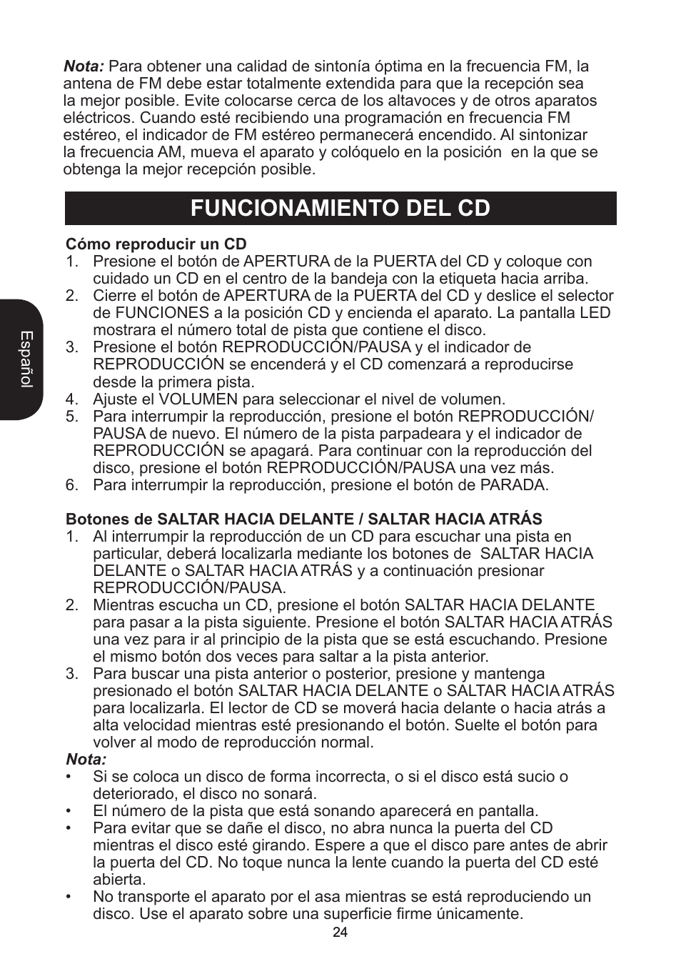 Funcionamiento del cd | Lexibook RCD102TF User Manual | Page 24 / 60