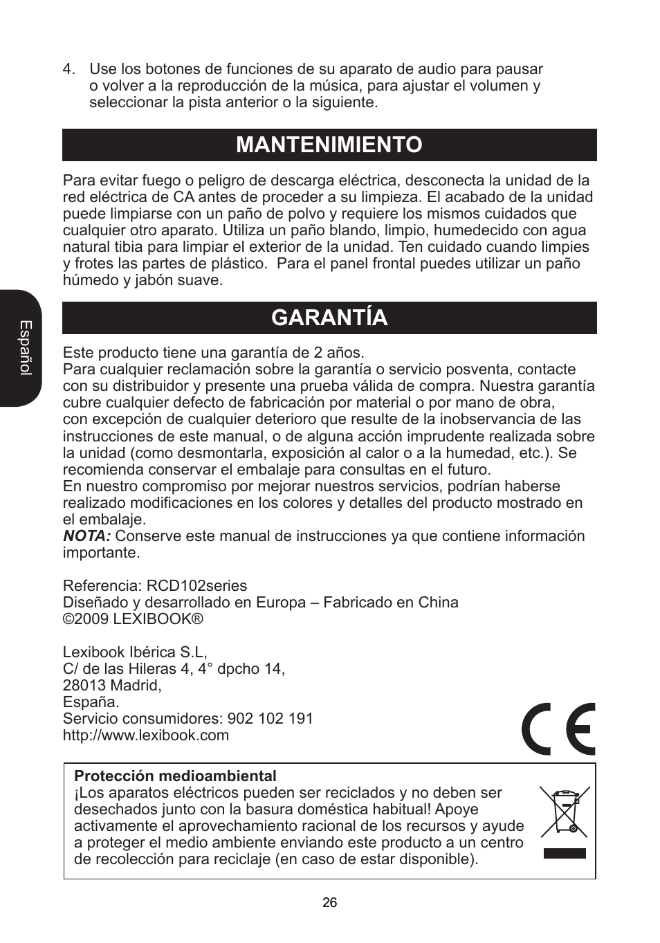 Garantía, Mantenimiento | Lexibook RCD102TF User Manual | Page 26 / 60