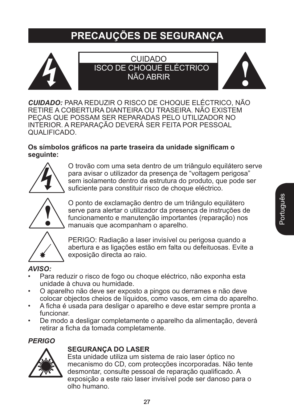 Precauções de segurança | Lexibook RCD102TF User Manual | Page 27 / 60