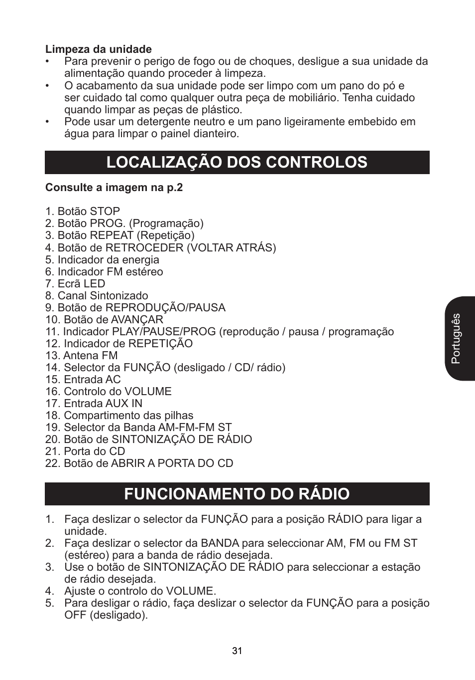 Localização dos controlos funcionamento do rádio | Lexibook RCD102TF User Manual | Page 31 / 60