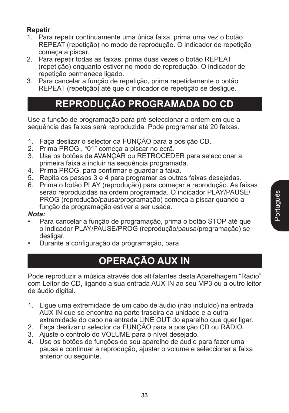 Reprodução programada do cd operação aux in | Lexibook RCD102TF User Manual | Page 33 / 60