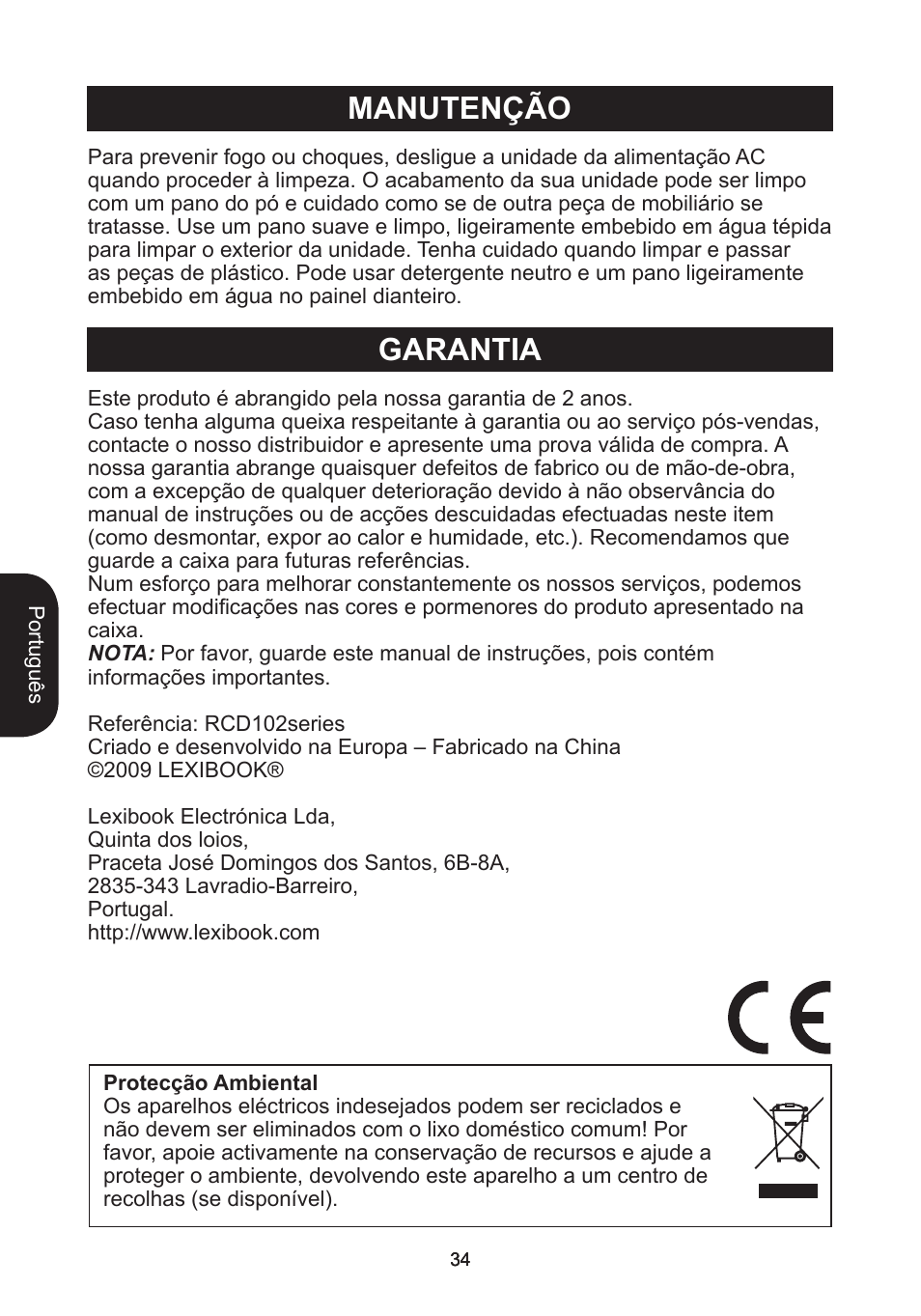 Garantia, Manutenção | Lexibook RCD102TF User Manual | Page 34 / 60