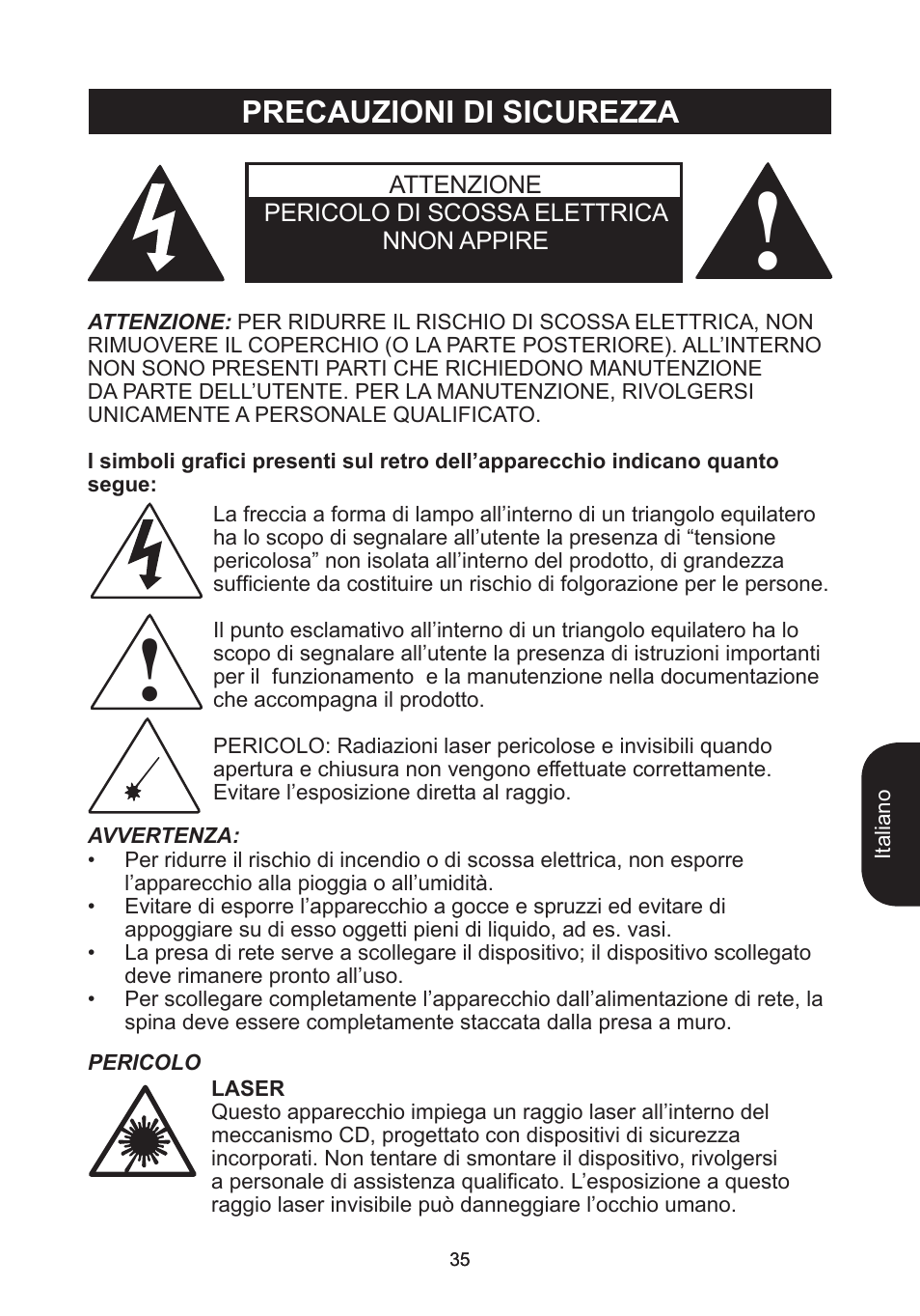 Precauzioni di sicurezza | Lexibook RCD102TF User Manual | Page 35 / 60