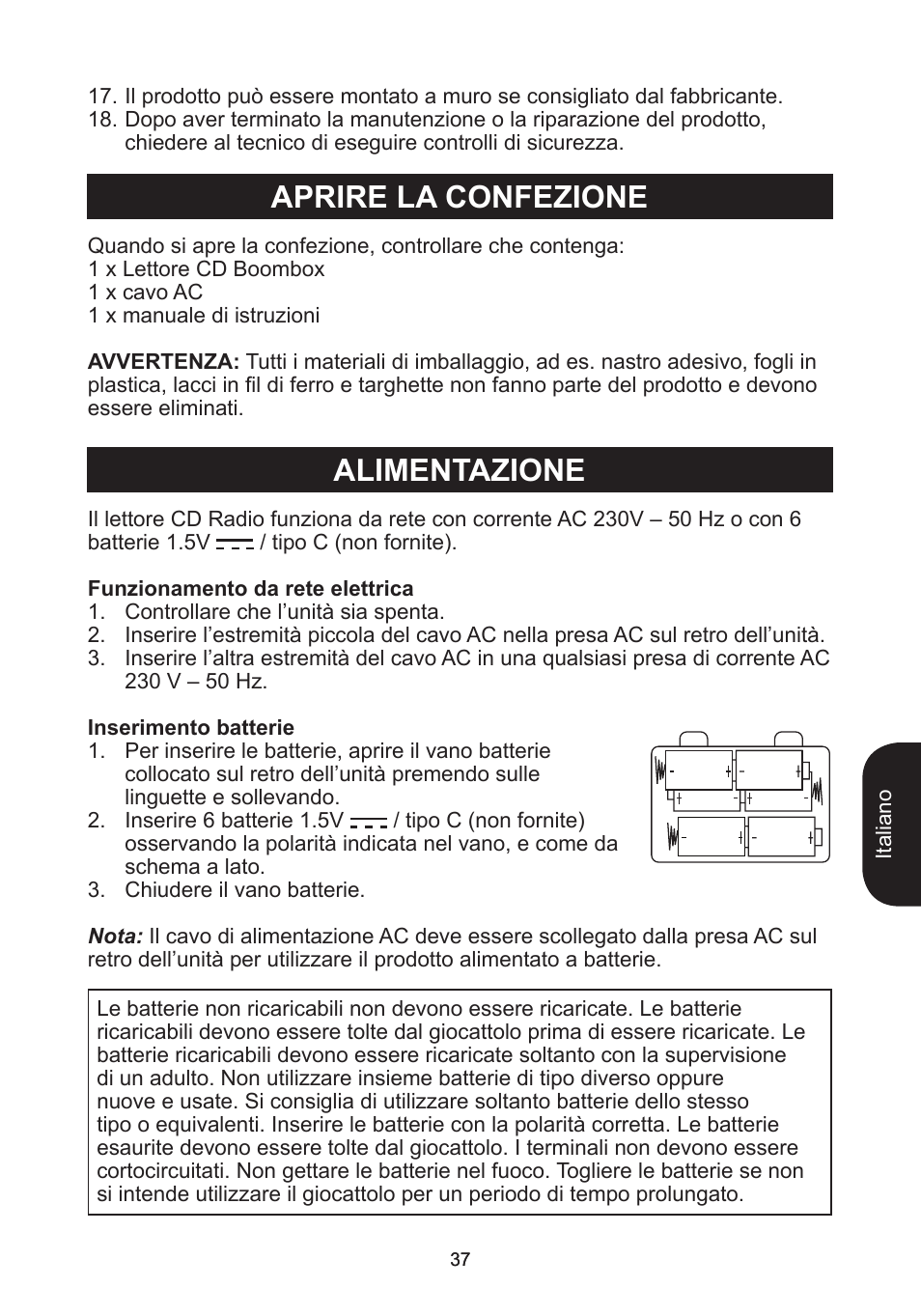 Aprire la confezione alimentazione | Lexibook RCD102TF User Manual | Page 37 / 60