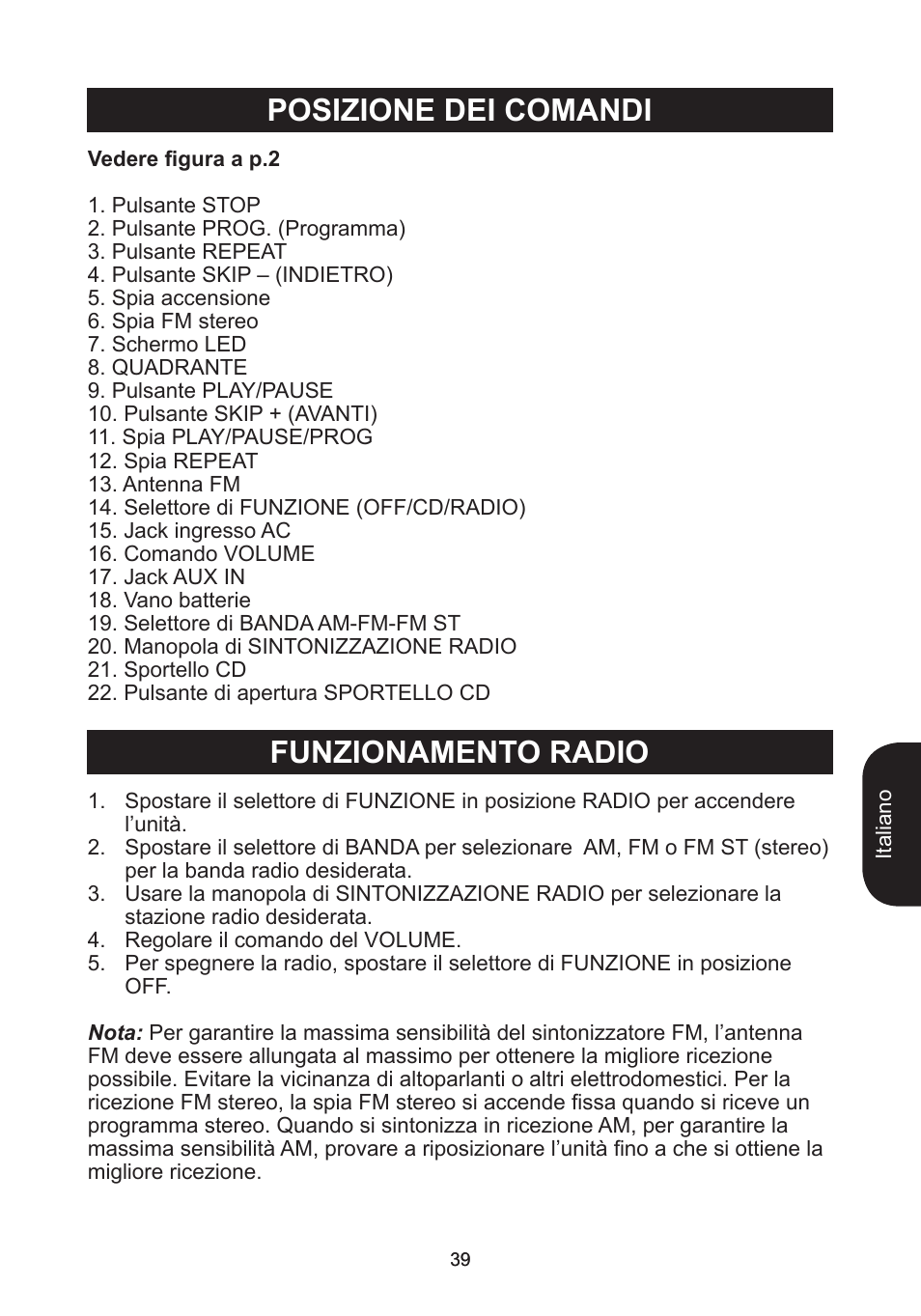 Posizione dei comandi funzionamento radio | Lexibook RCD102TF User Manual | Page 39 / 60