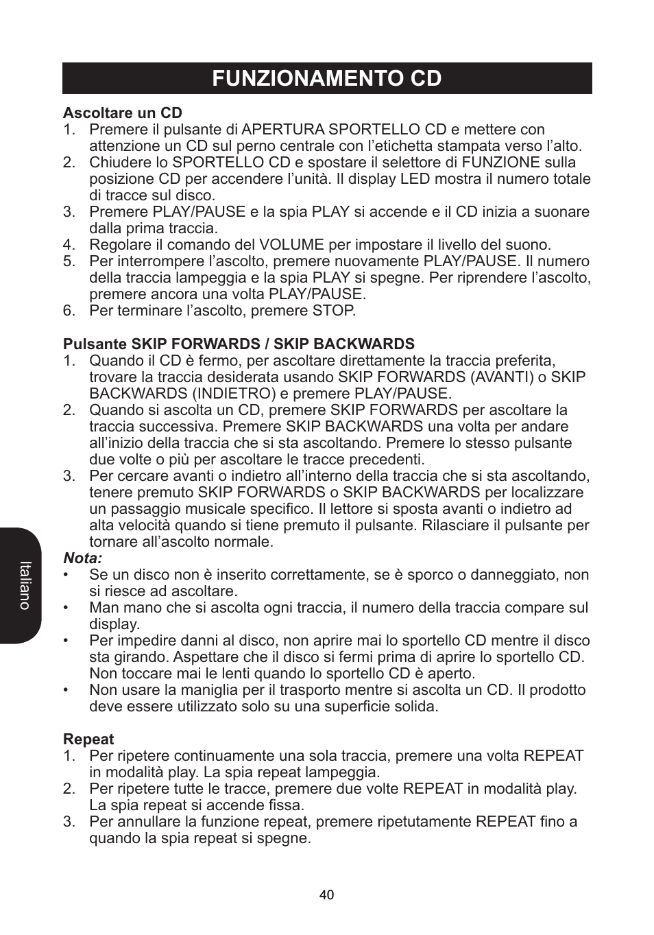 Funzionamento cd | Lexibook RCD102TF User Manual | Page 40 / 60