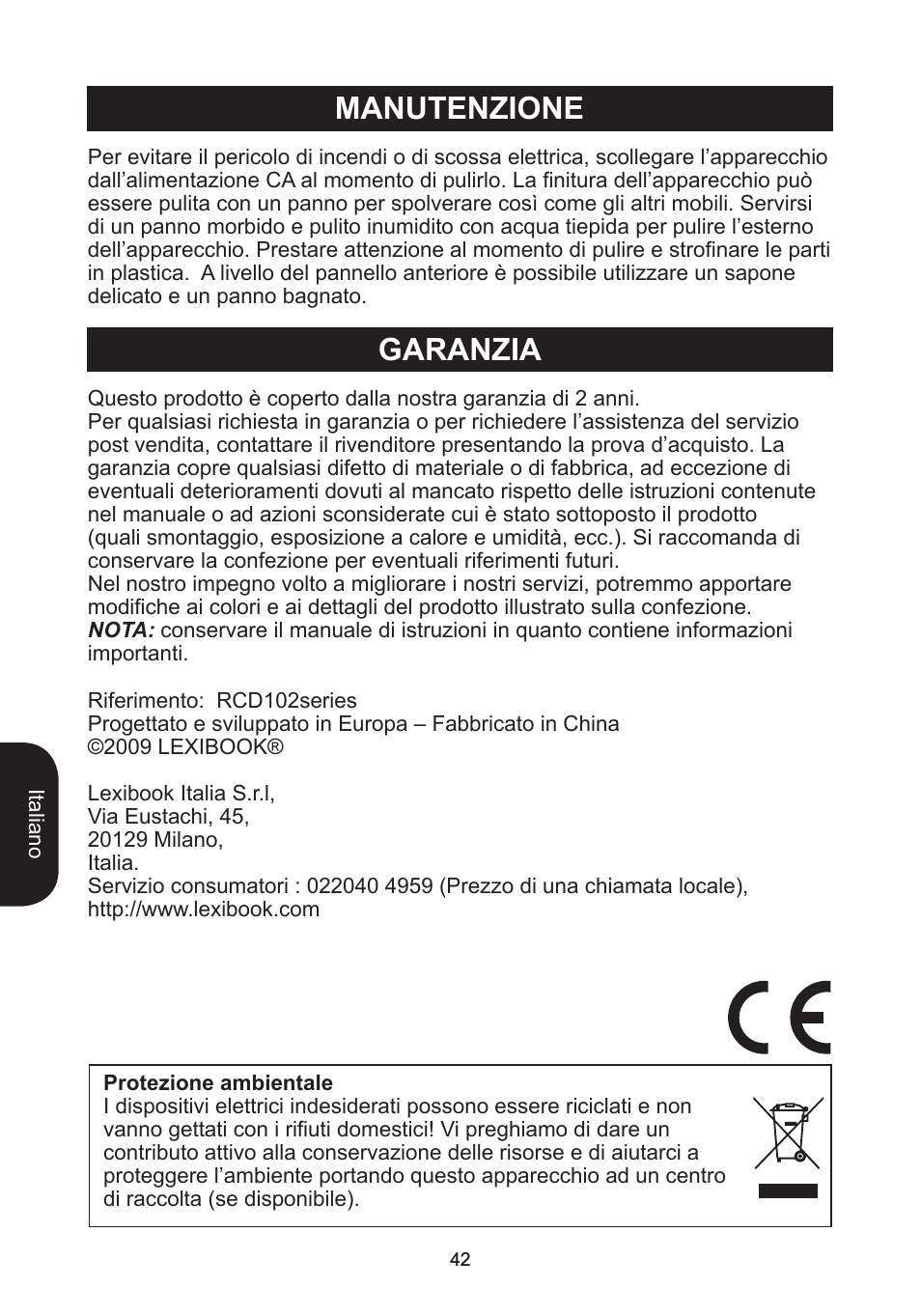 Garanzia, Manutenzione | Lexibook RCD102TF User Manual | Page 42 / 60