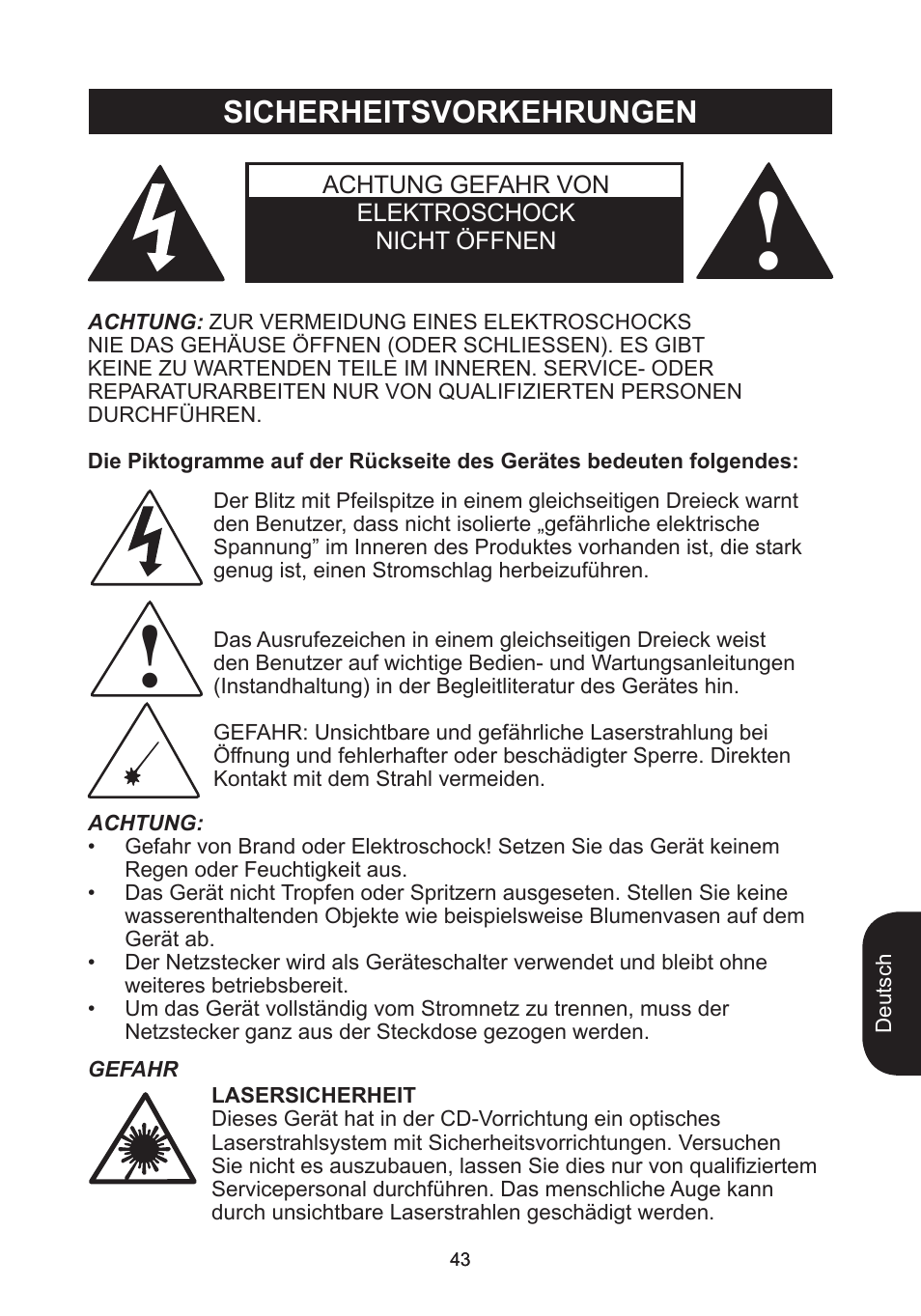 Sicherheitsvorkehrungen | Lexibook RCD102TF User Manual | Page 43 / 60