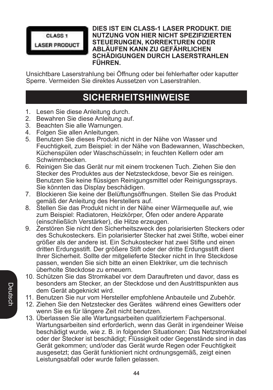 Sicherheitshinweise | Lexibook RCD102TF User Manual | Page 44 / 60