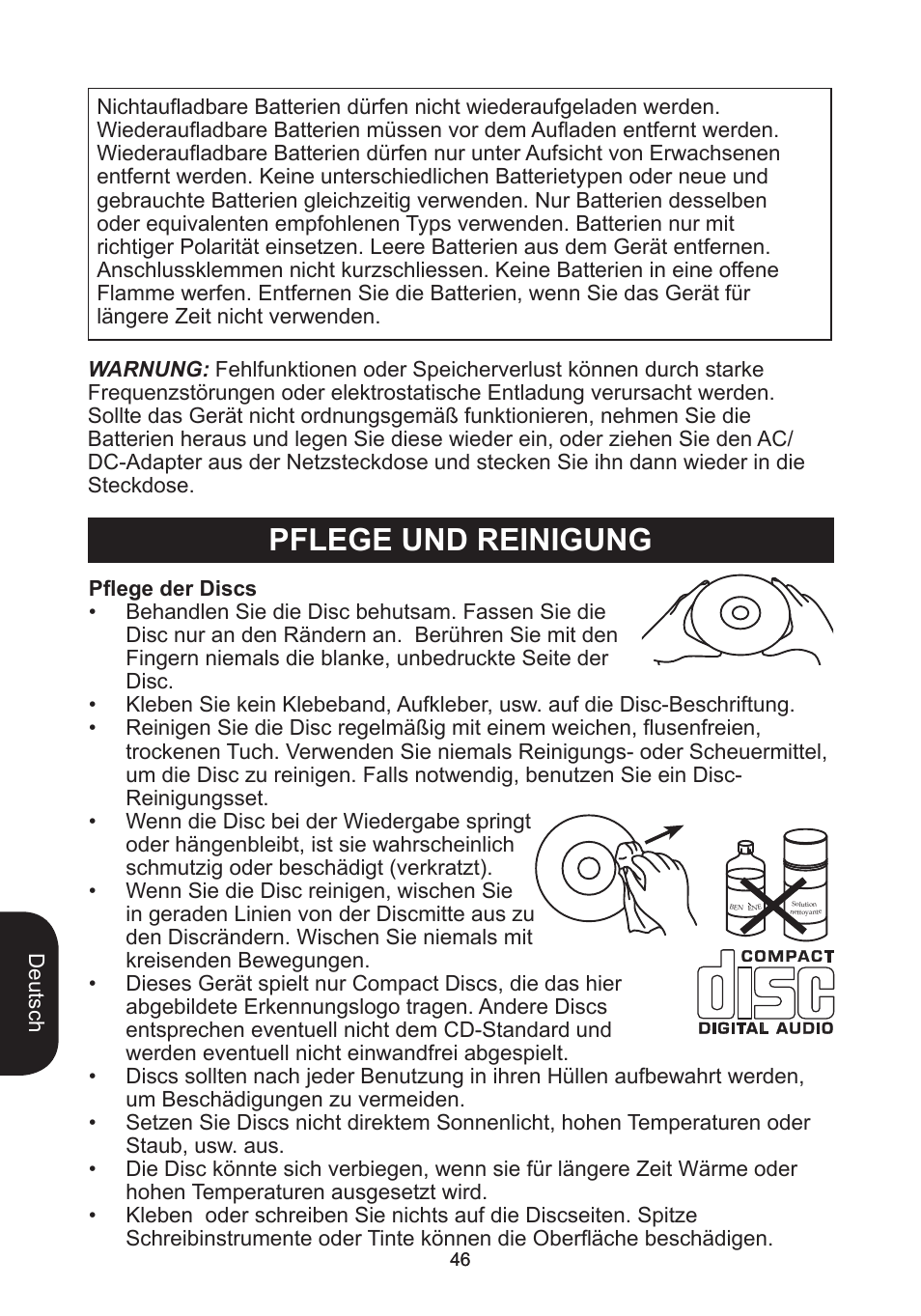 Pflege und reinigung | Lexibook RCD102TF User Manual | Page 46 / 60