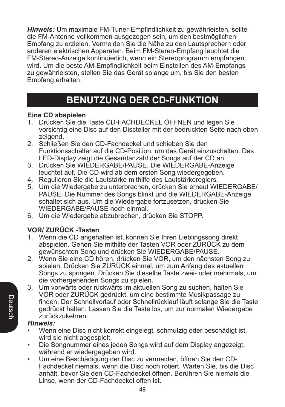 Benutzung der cd-funktion | Lexibook RCD102TF User Manual | Page 48 / 60