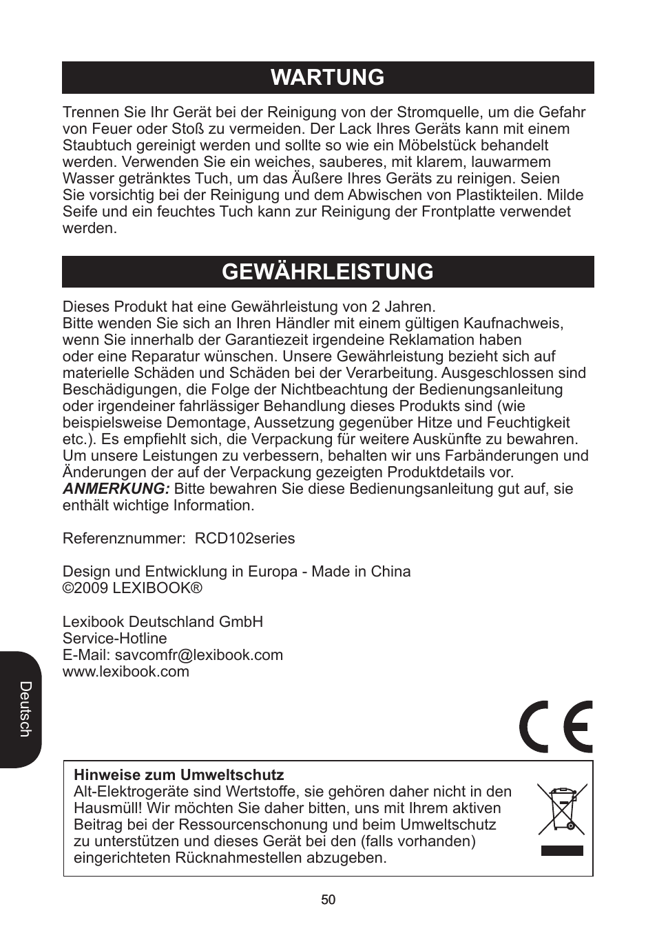 Gewährleistung, Wartung | Lexibook RCD102TF User Manual | Page 50 / 60