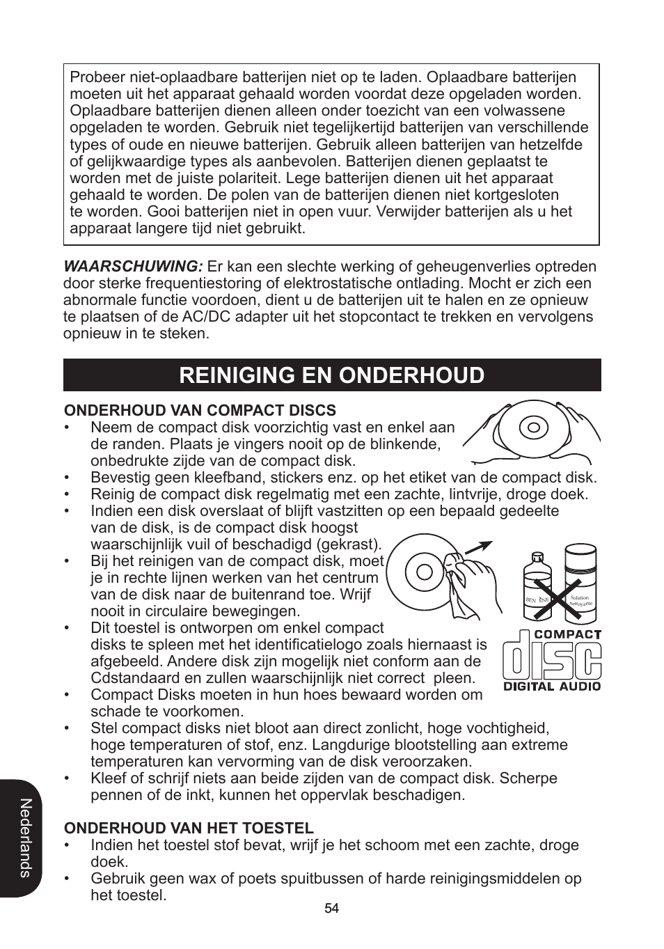 Reiniging en onderhoud | Lexibook RCD102TF User Manual | Page 54 / 60