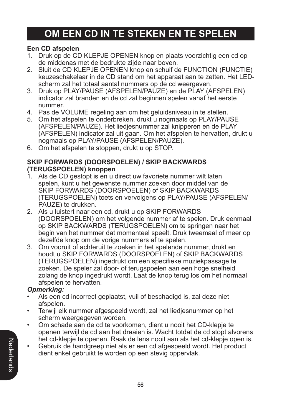 Om een cd in te steken en te spelen | Lexibook RCD102TF User Manual | Page 56 / 60