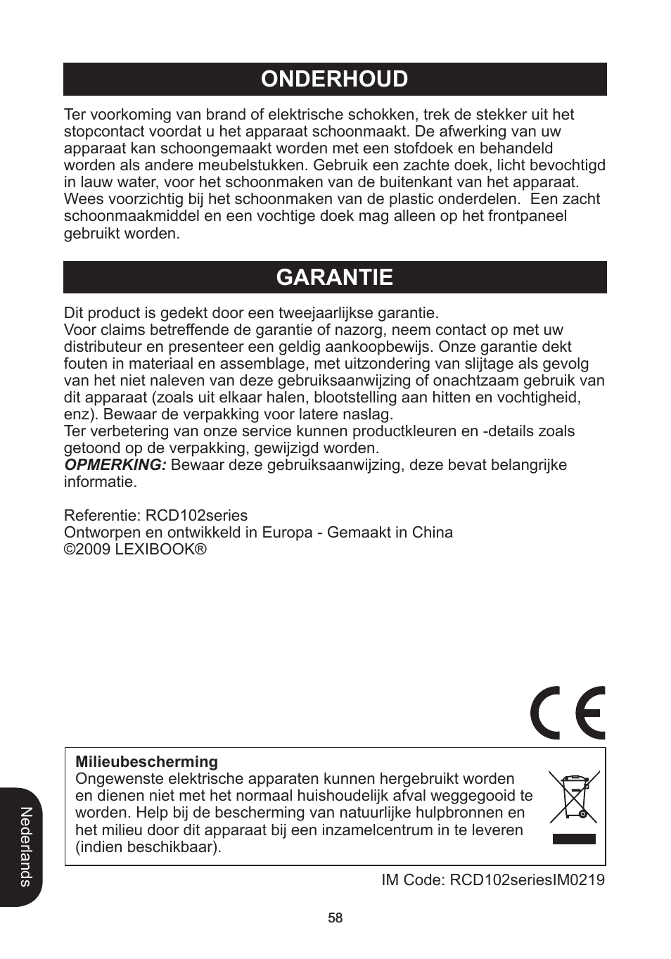 Garantie, Onderhoud | Lexibook RCD102TF User Manual | Page 58 / 60