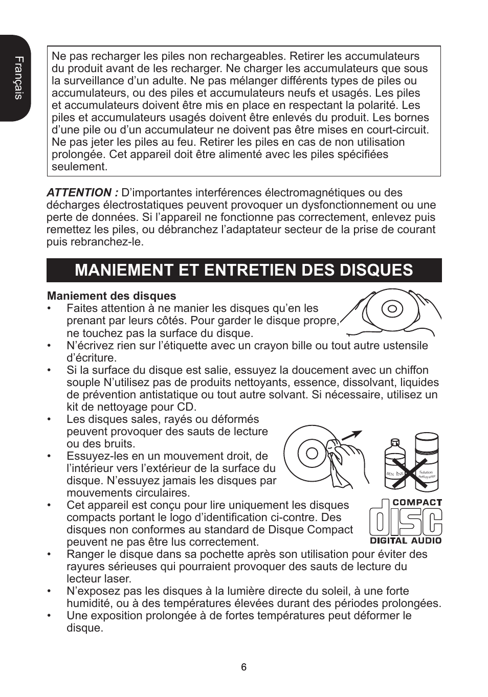 Maniement et entretien des disques | Lexibook RCD102TF User Manual | Page 6 / 60