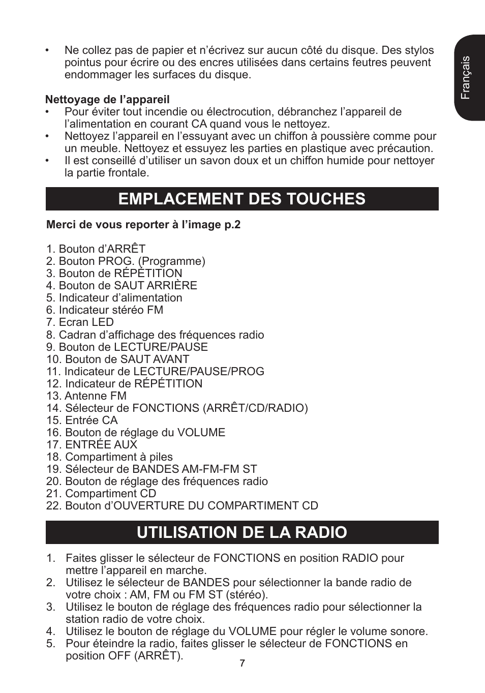 Emplacement des touches utilisation de la radio | Lexibook RCD102TF User Manual | Page 7 / 60