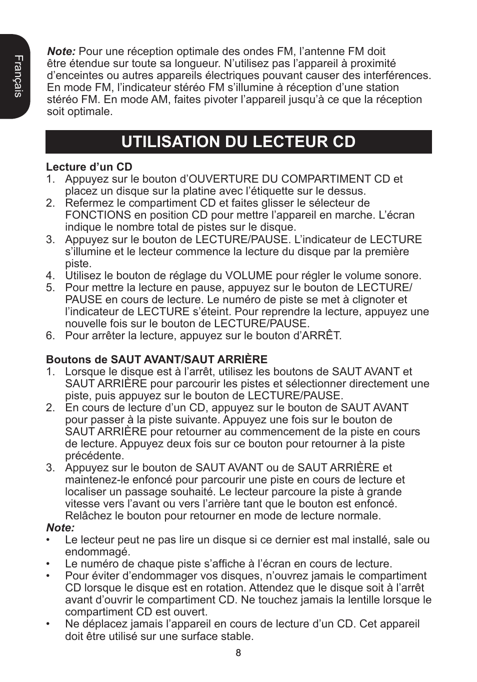 Utilisation du lecteur cd | Lexibook RCD102TF User Manual | Page 8 / 60