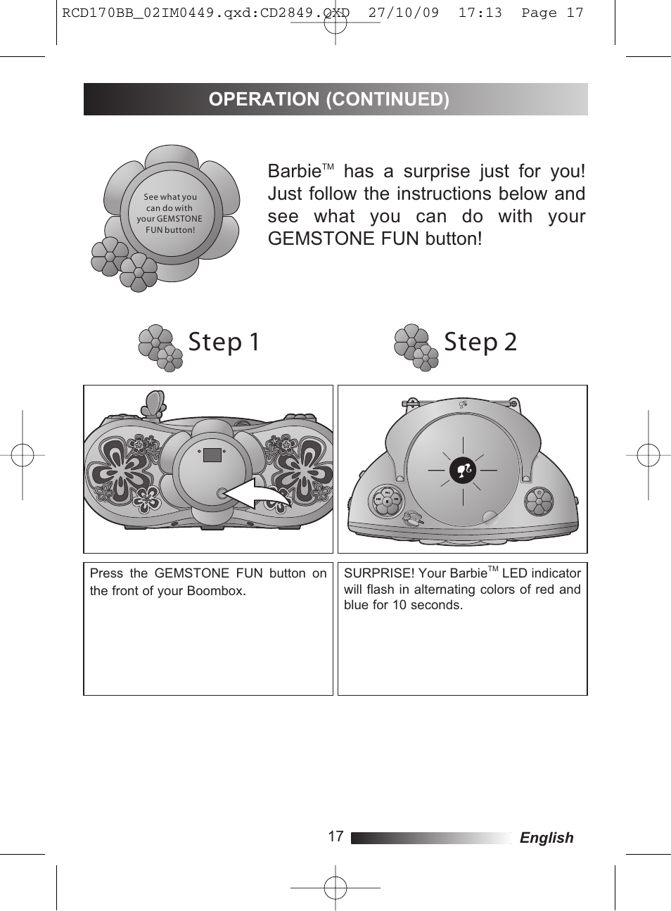 Step 1 step 2 step 1 step 2, Barbie, Operation (continued) | Lexibook RCD170BB User Manual | Page 17 / 134