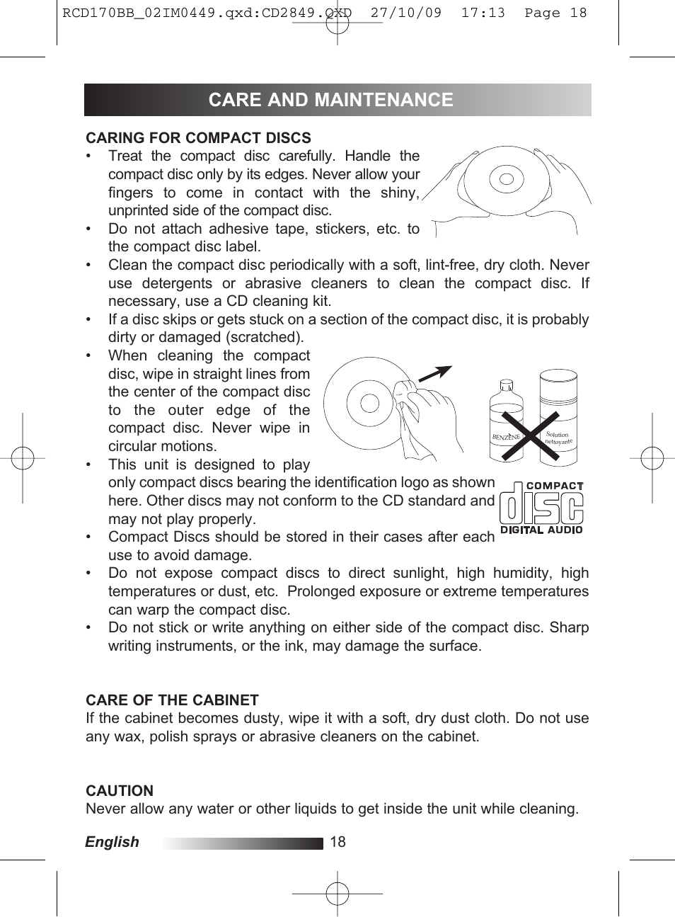 Care and maintenance | Lexibook RCD170BB User Manual | Page 18 / 134