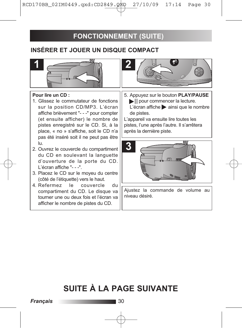 Suite à la page suivante, Fonctionnement (suite) | Lexibook RCD170BB User Manual | Page 30 / 134