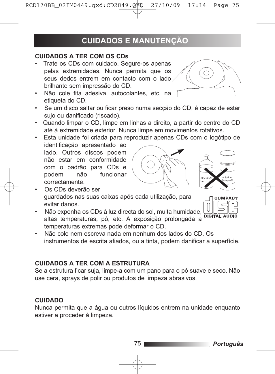 Cuidados e manutenção | Lexibook RCD170BB User Manual | Page 75 / 134