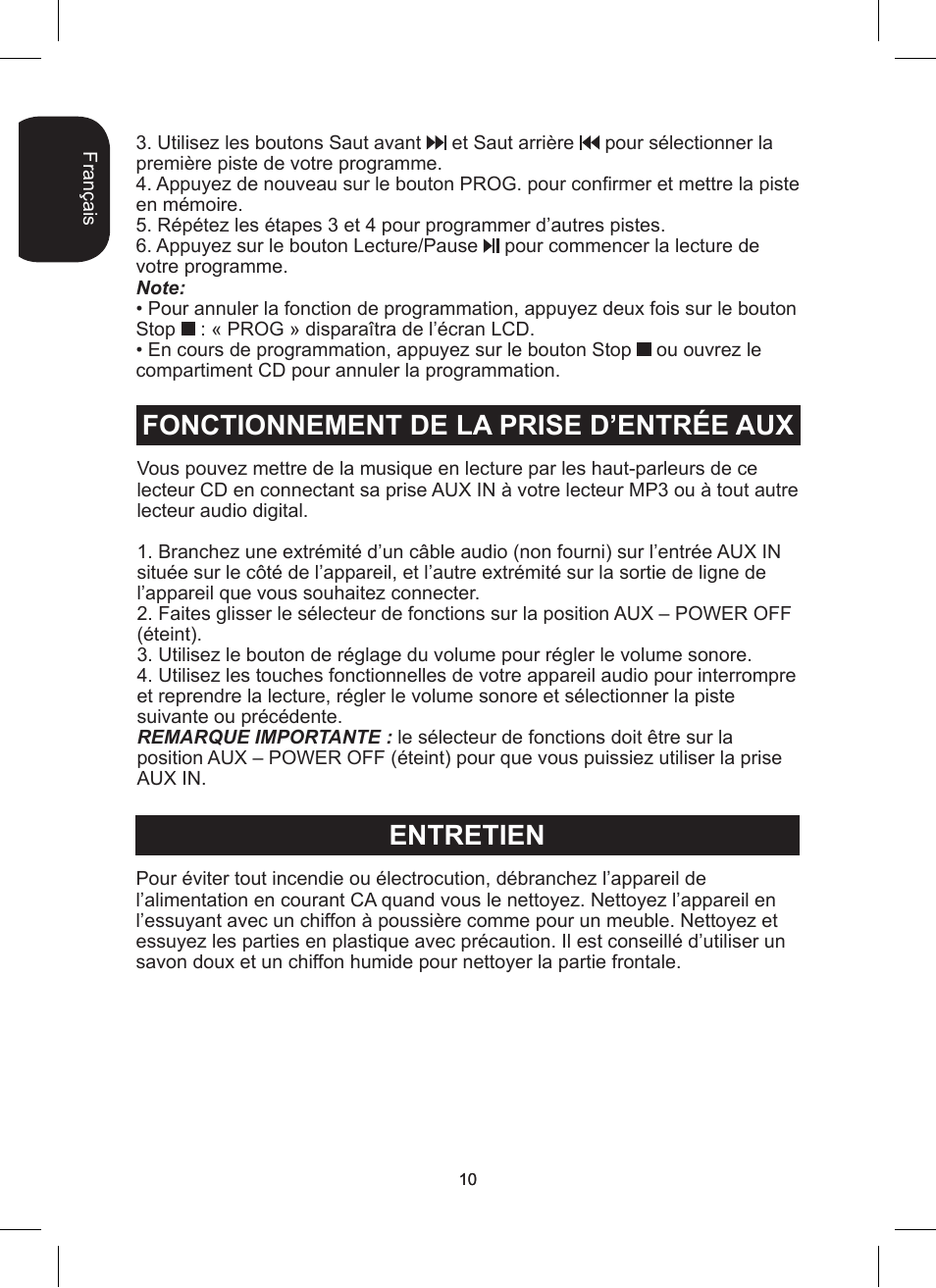 Fonctionnement de la prise d’entrée aux, Entretien | Lexibook RCD200TS User Manual | Page 10 / 54