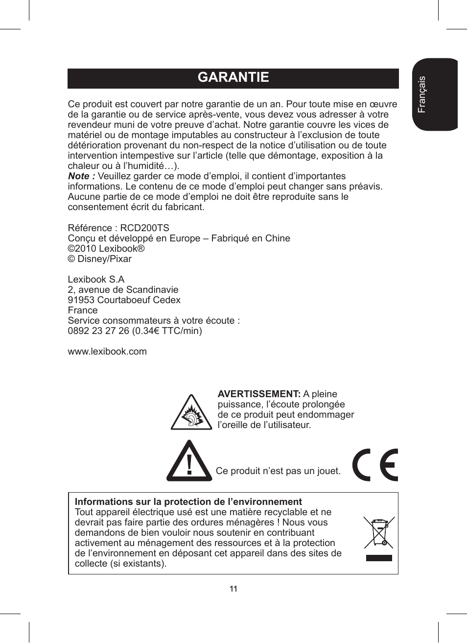Garantie | Lexibook RCD200TS User Manual | Page 11 / 54