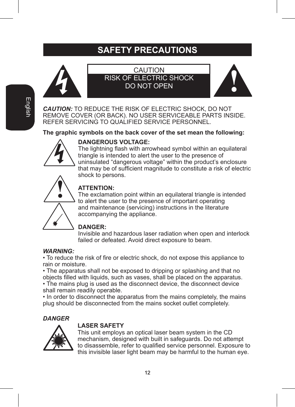 Safety precautions | Lexibook RCD200TS User Manual | Page 12 / 54