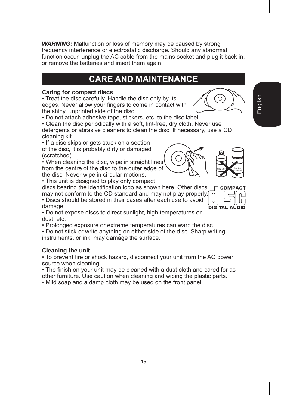 Care and maintenance | Lexibook RCD200TS User Manual | Page 15 / 54