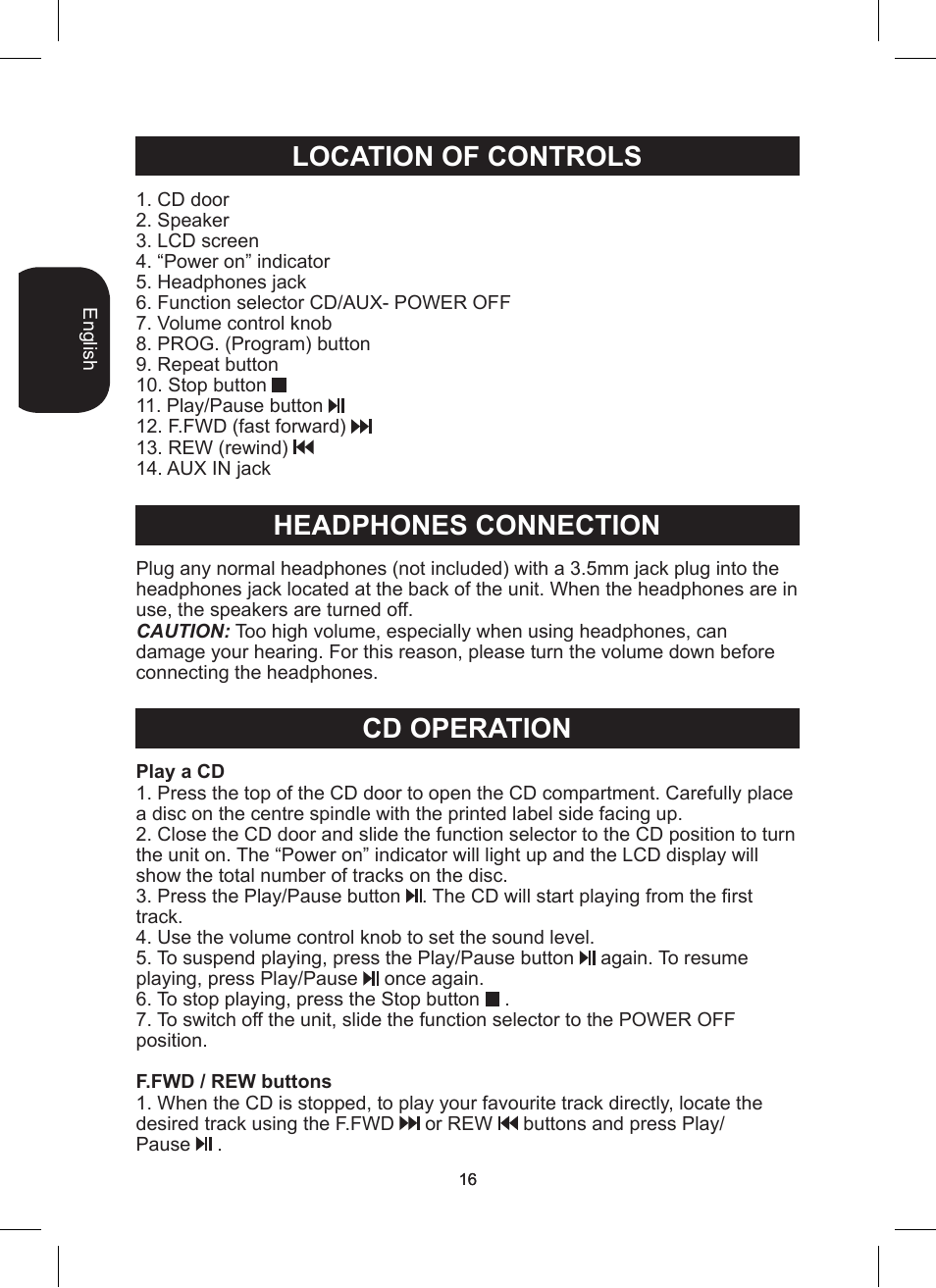 Location of controls headphones connection, Cd operation | Lexibook RCD200TS User Manual | Page 16 / 54