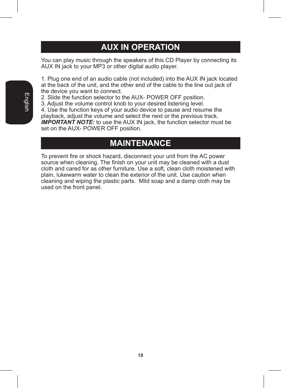 Aux in operation, Maintenance | Lexibook RCD200TS User Manual | Page 18 / 54