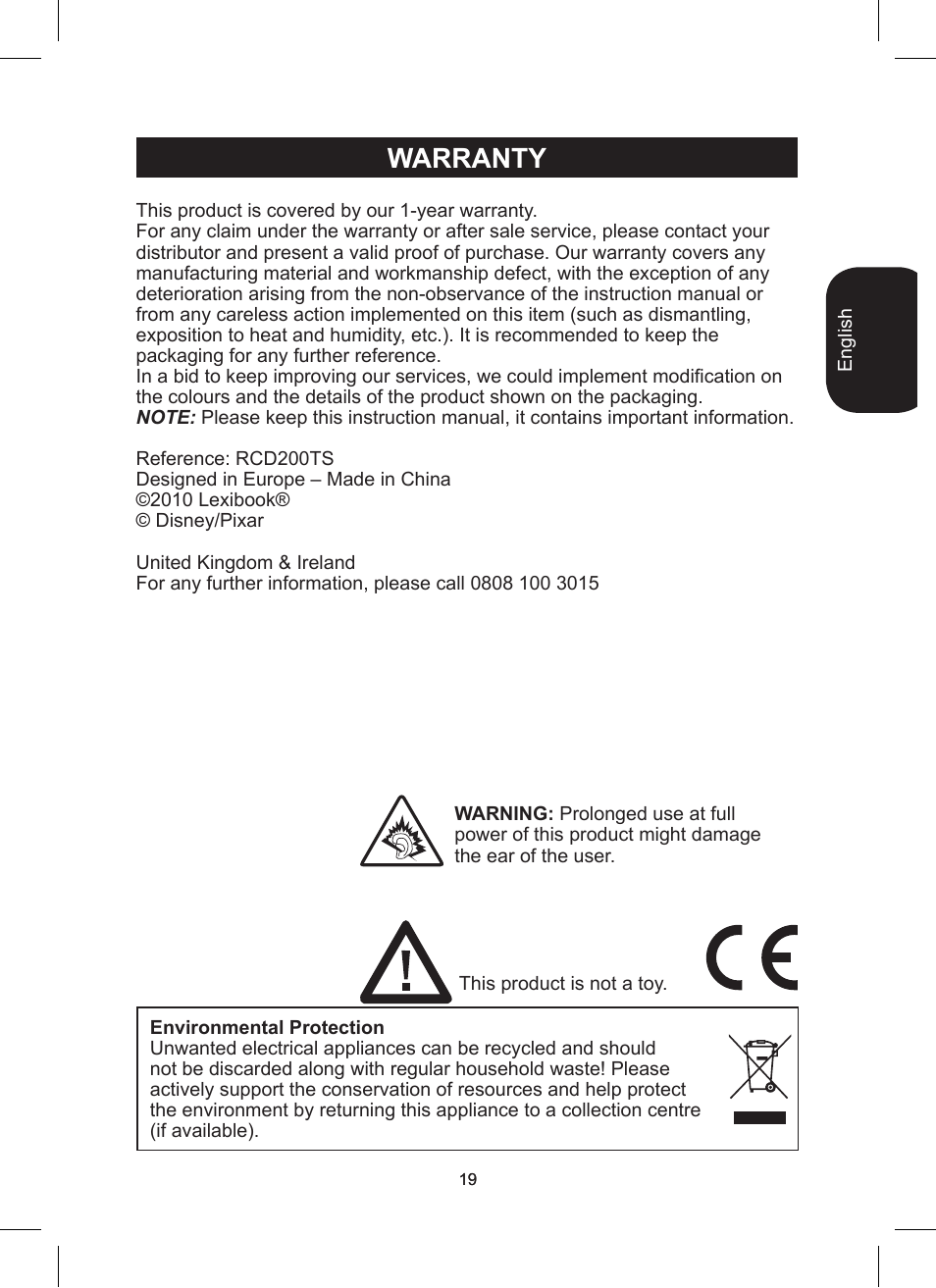 Warranty | Lexibook RCD200TS User Manual | Page 19 / 54
