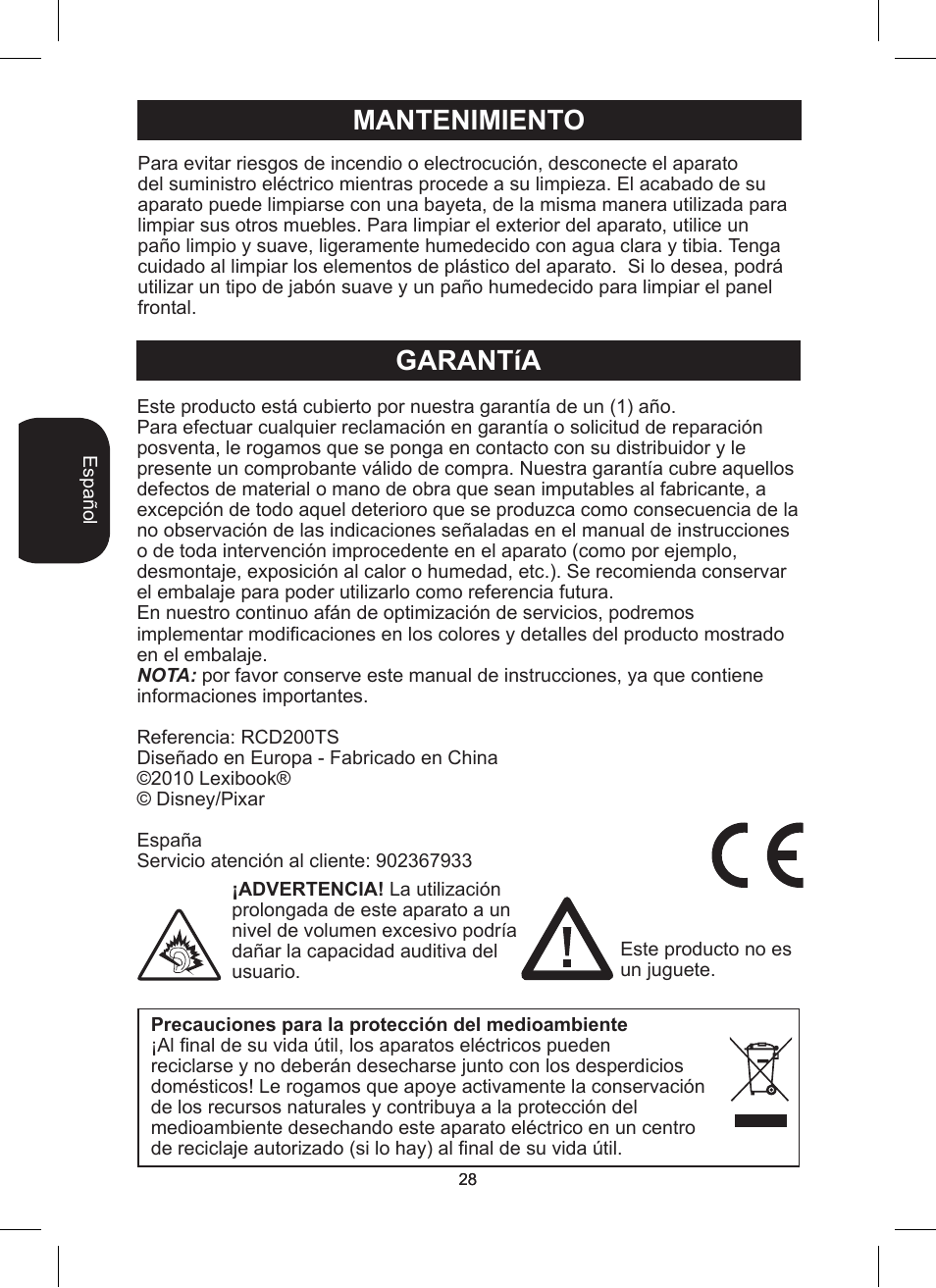 Garantía, Mantenimiento | Lexibook RCD200TS User Manual | Page 28 / 54