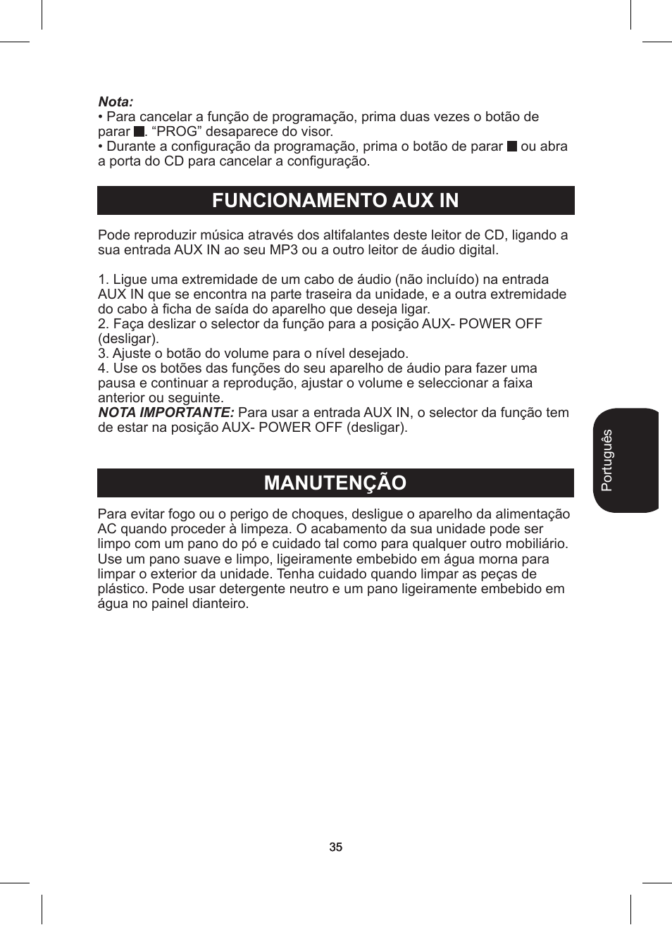 Manutenção, Funcionamento aux in | Lexibook RCD200TS User Manual | Page 35 / 54
