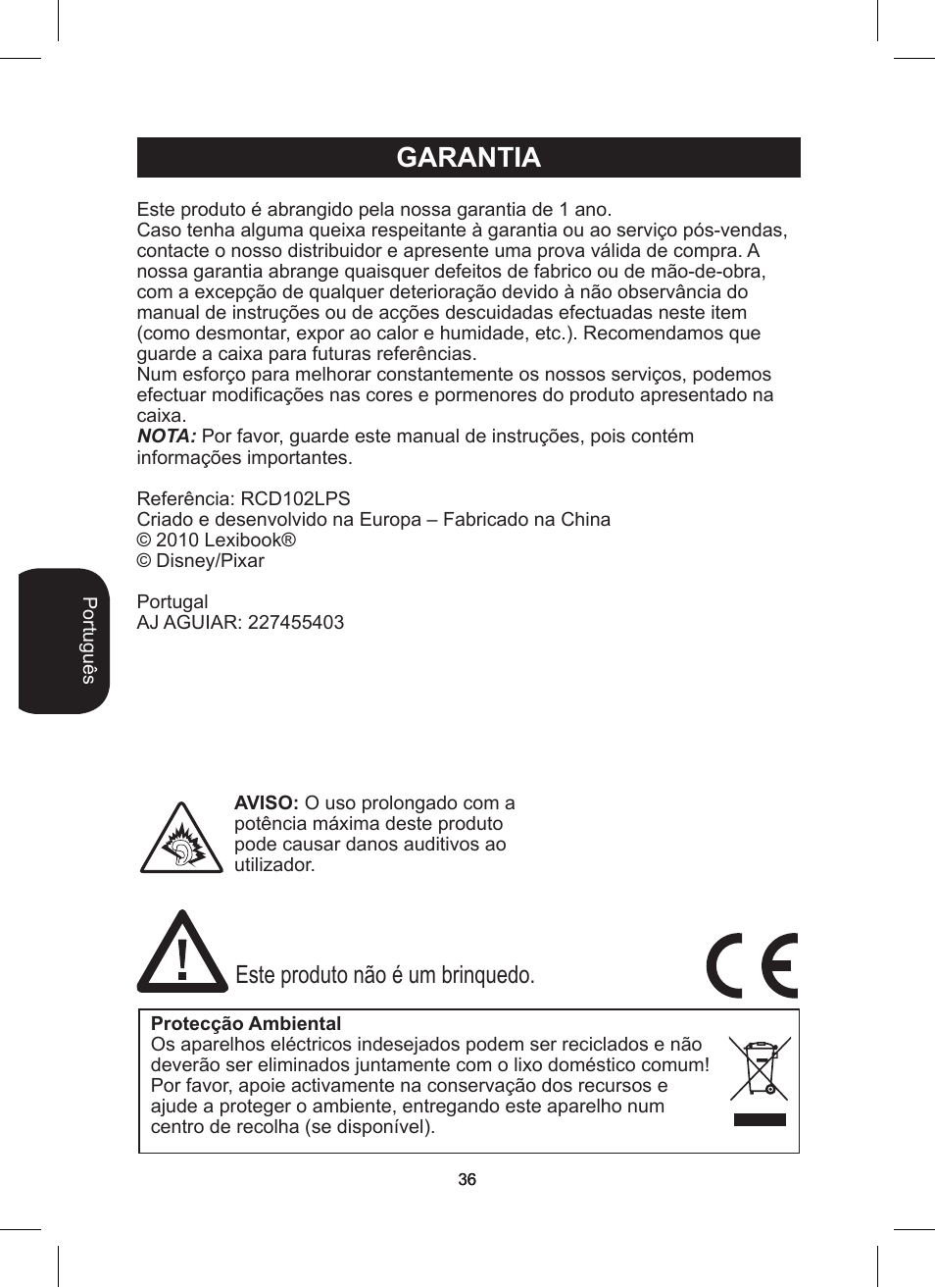 Garantia, Este produto nгo й um brinquedo | Lexibook RCD200TS User Manual | Page 36 / 54