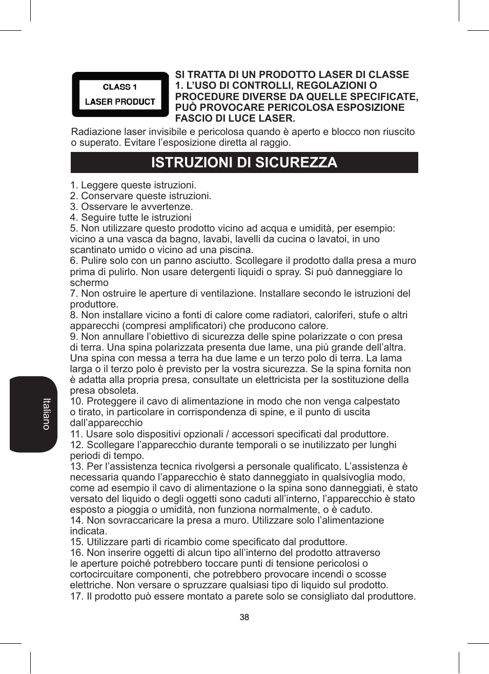 Istruzioni di sicurezza | Lexibook RCD200TS User Manual | Page 38 / 54