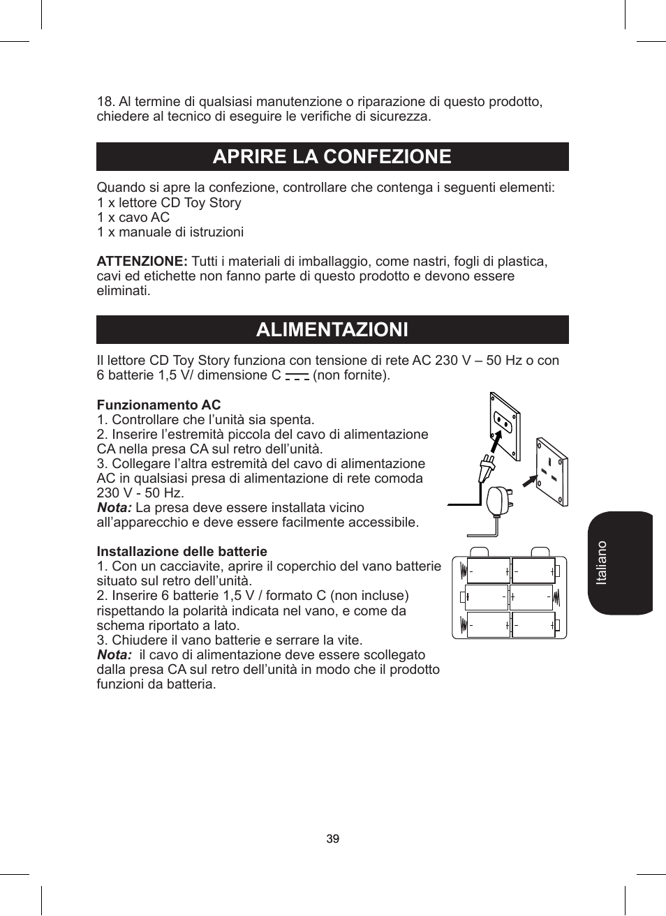 Aprire la confezione alimentazioni | Lexibook RCD200TS User Manual | Page 39 / 54