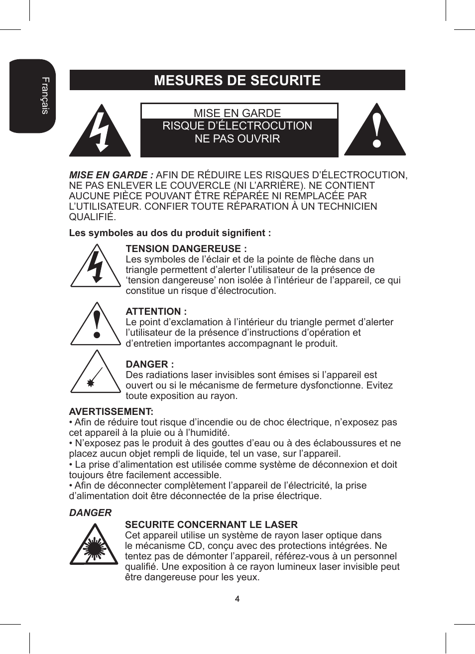Mesures de securite | Lexibook RCD200TS User Manual | Page 4 / 54