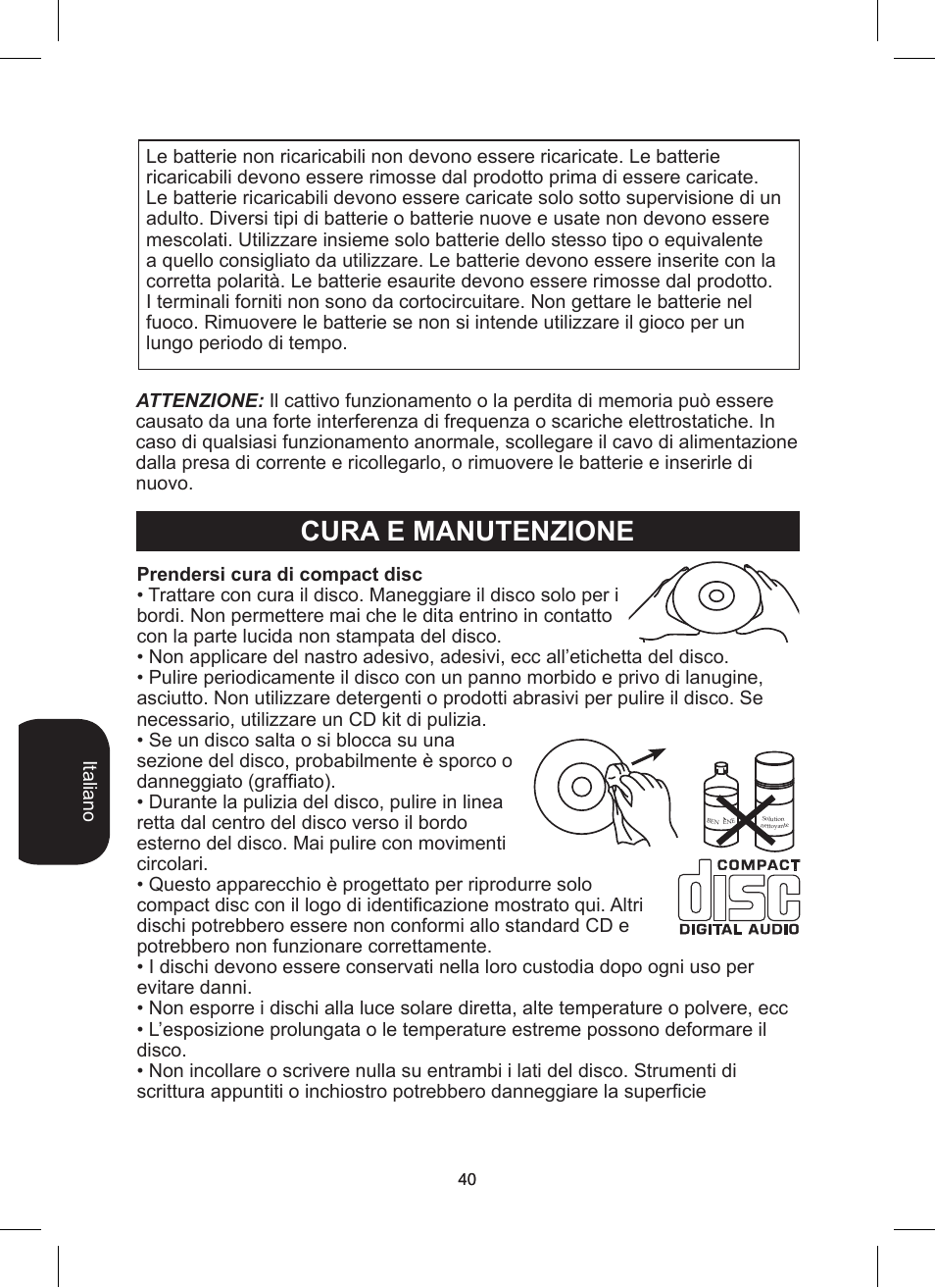 Cura e manutenzione | Lexibook RCD200TS User Manual | Page 40 / 54