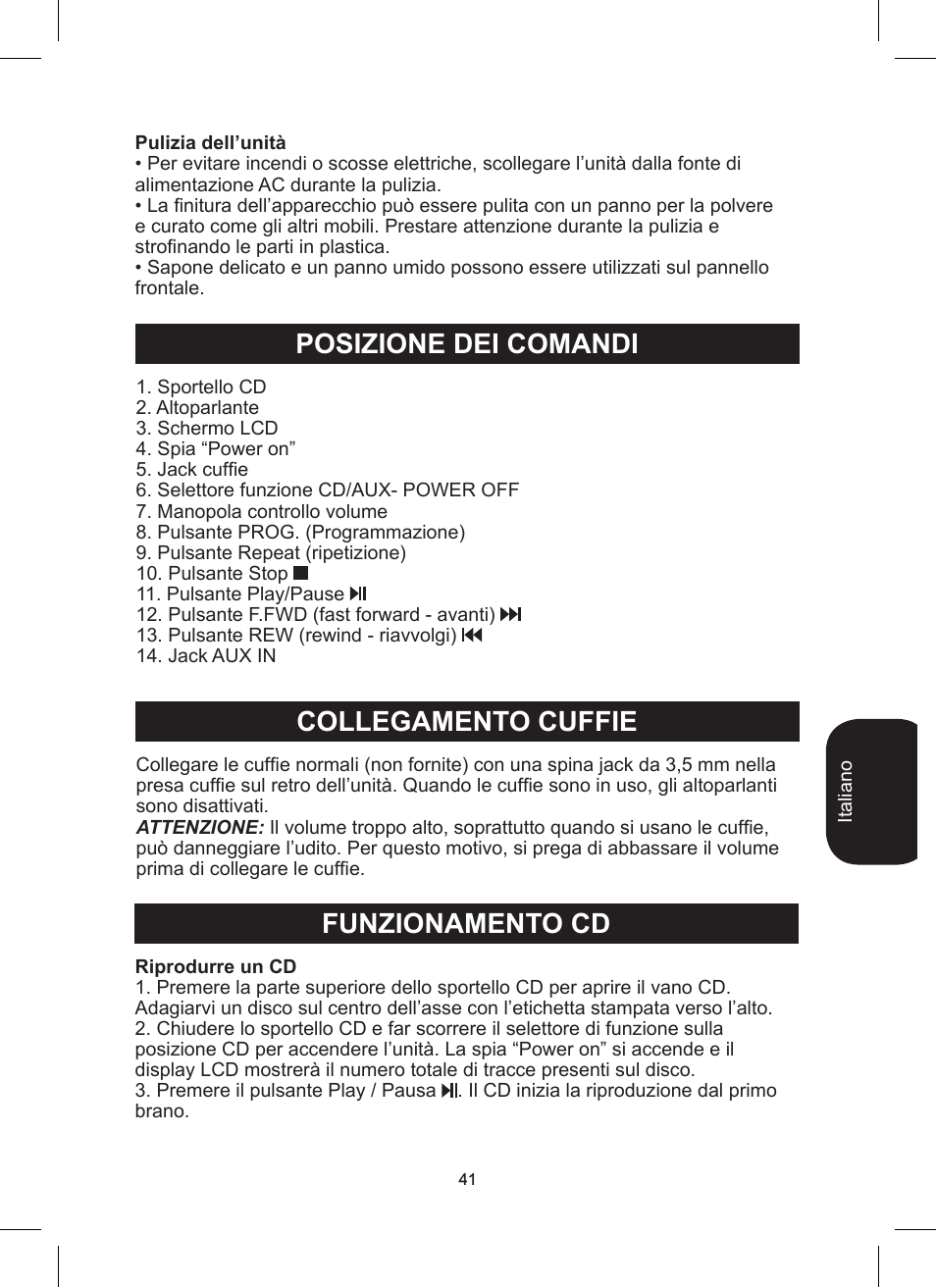 Posizione dei comandi collegamento cuffie, Funzionamento cd | Lexibook RCD200TS User Manual | Page 41 / 54