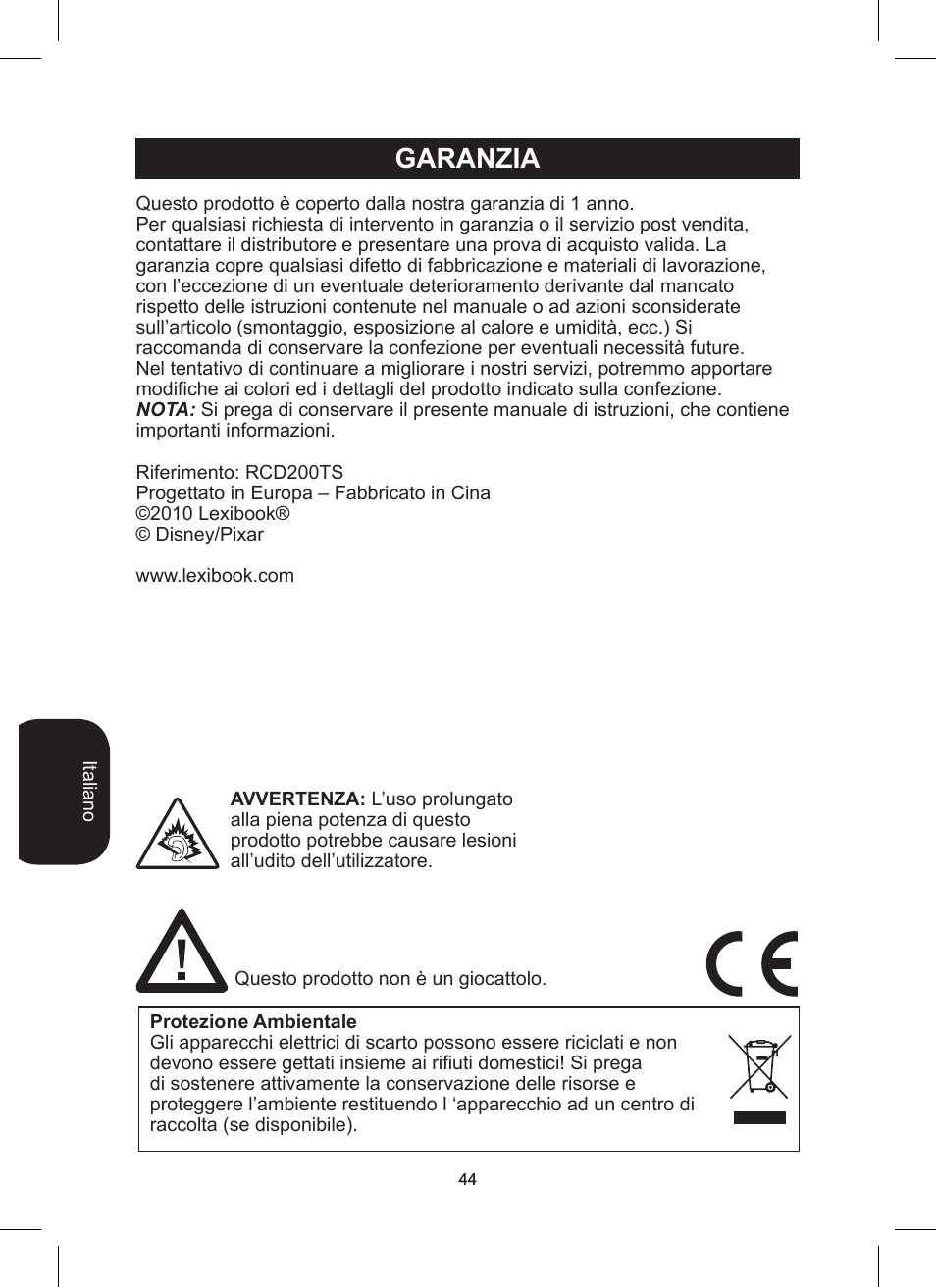 Garanzia | Lexibook RCD200TS User Manual | Page 44 / 54